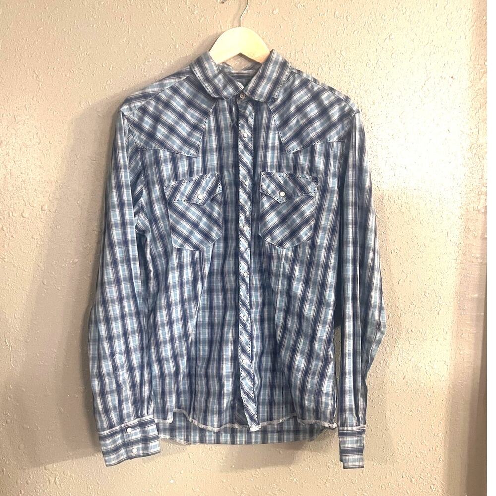 Wrangler Men’s M Long Sleeve Pearl Snap Shirt Blue & White Western Country Date